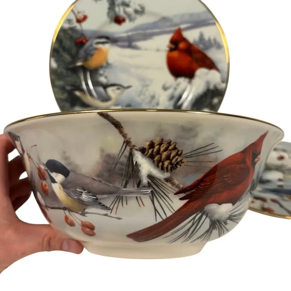 Lenox Winter Greetings Scenic Cardinal Waxwing Birds Serving Plates Bowl Set 3